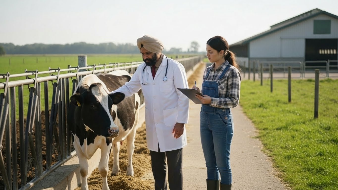 Vet and woman with clipboard examining cow outdoors