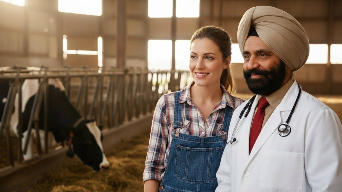 Woman and veterinarian with cow in barn with natural light