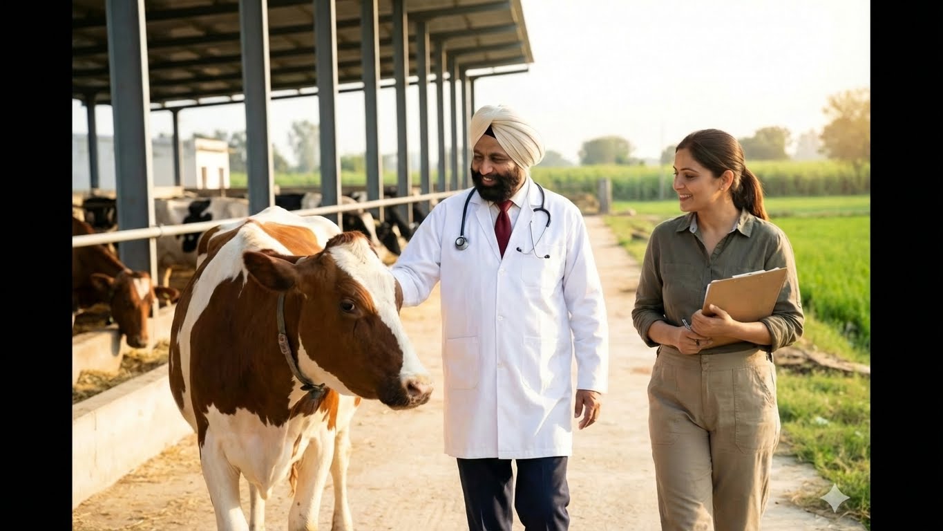Veterinarian walking with cow and farmer