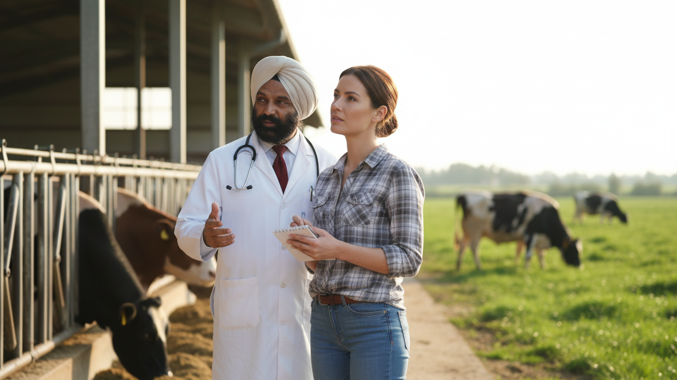 Veterinarian and woman taking notes beside cows in field