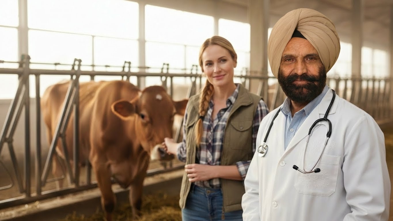 Veterinarian and woman with brown cow in barn